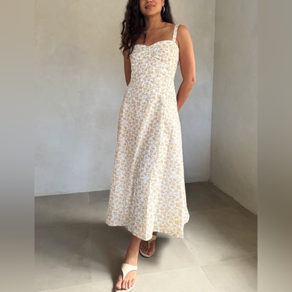 Moon River Cream Yellow Floral Print Lace Corset Midi Dress Small Brunch Girly - Picture 7 of 15